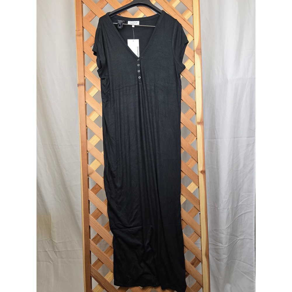 Motherhood Maternity Maxi Dress Womens L Black Henley Ribbed Short Sleeve - New